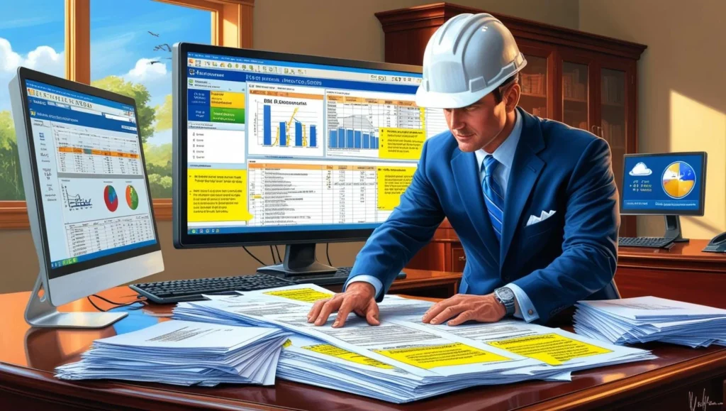 A contractor sitting and a computer displaying project management software