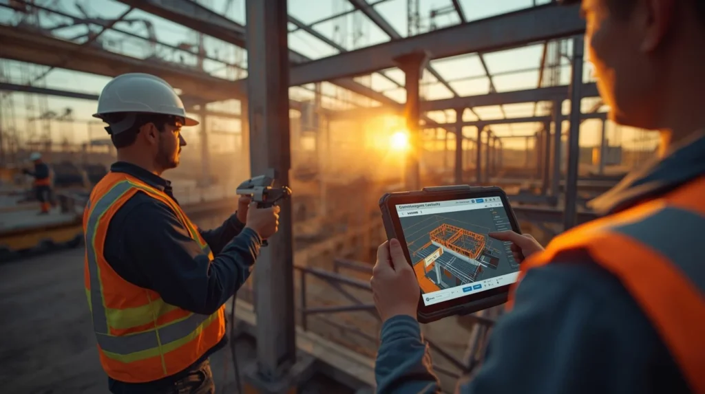Workers applying fireproofing spray on steel beams