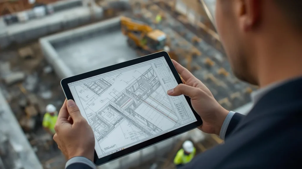 Concrete Estimating for Precision Planning Estimator reviewing concrete takeoff plans on-site