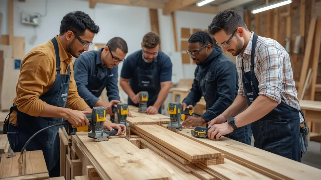 Millwork professionals measuring and cutting wood