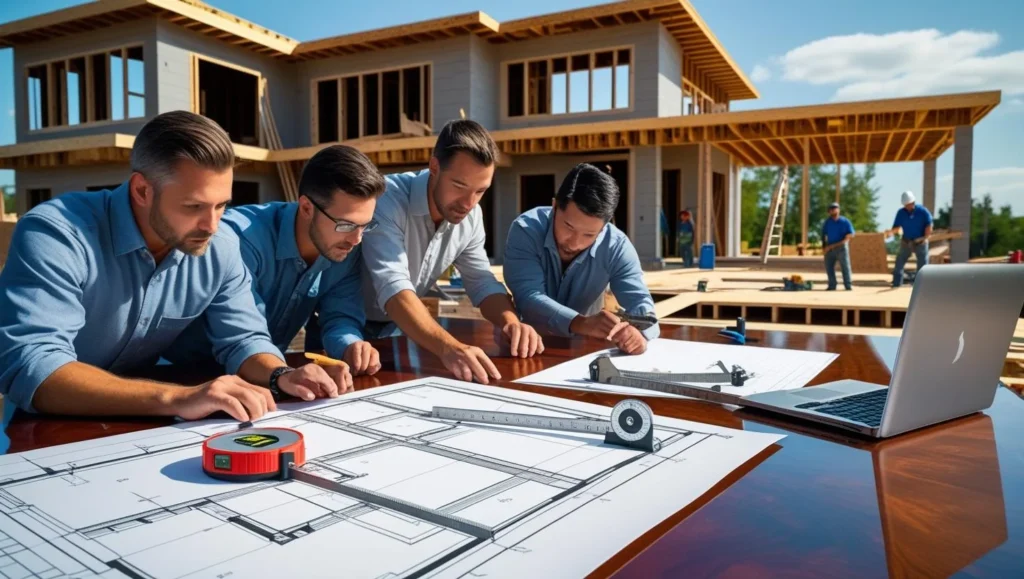 Team Collaboration for Accurate Estimates Construction estimators reviewing blueprints on-site