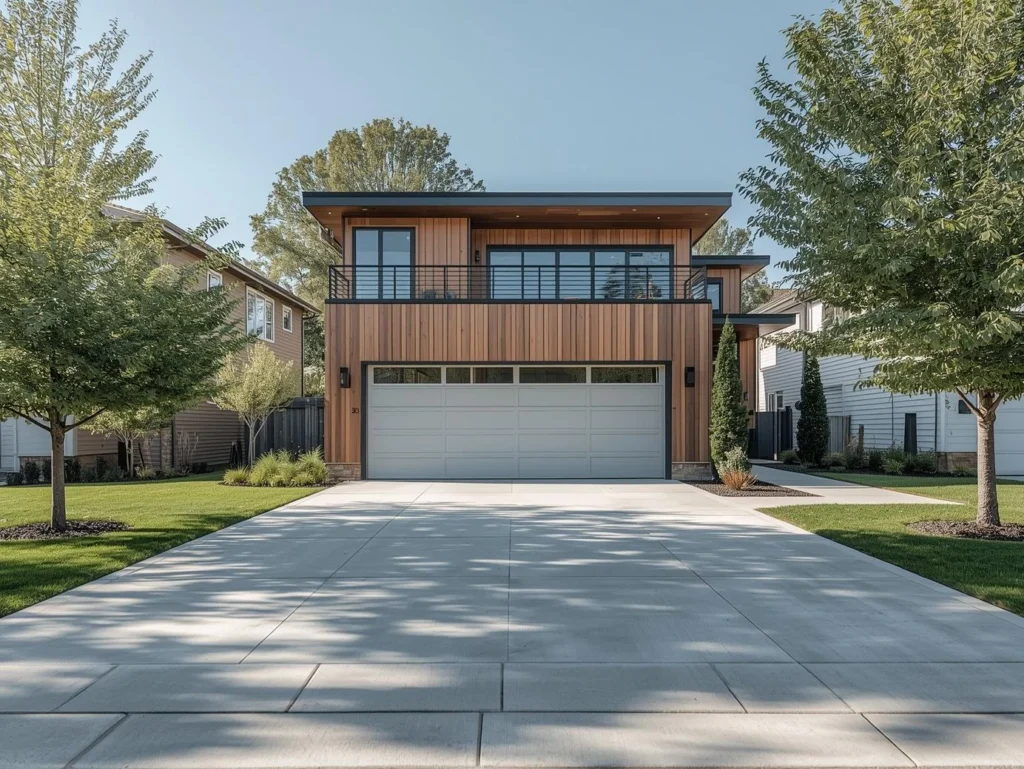 Modern two-story garage with a well-maintained driveway