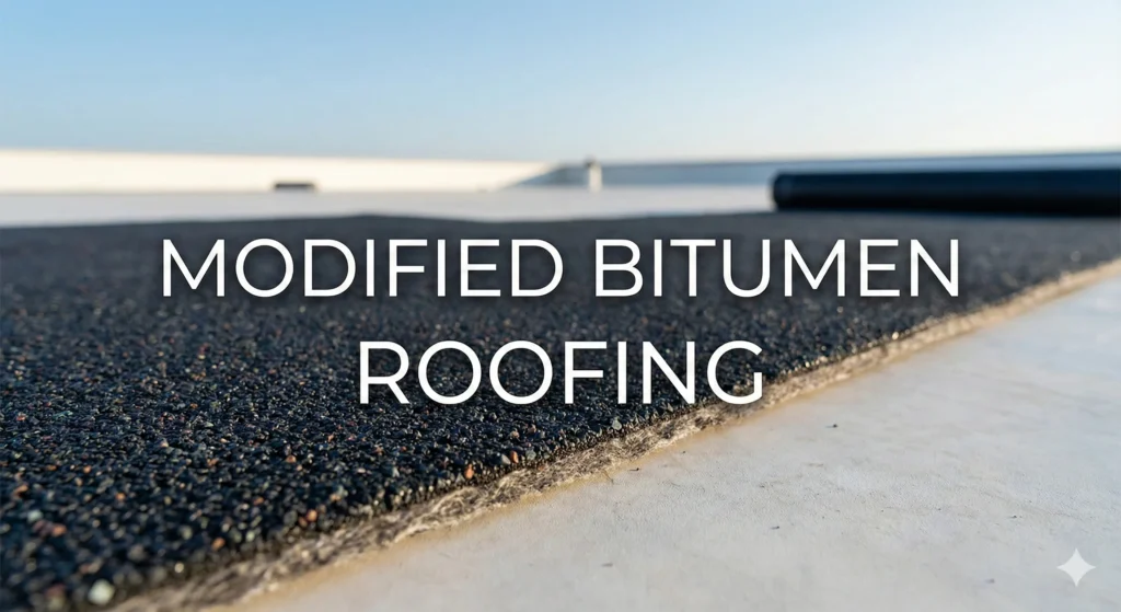 Close-up of textured modified bitumen roofing material