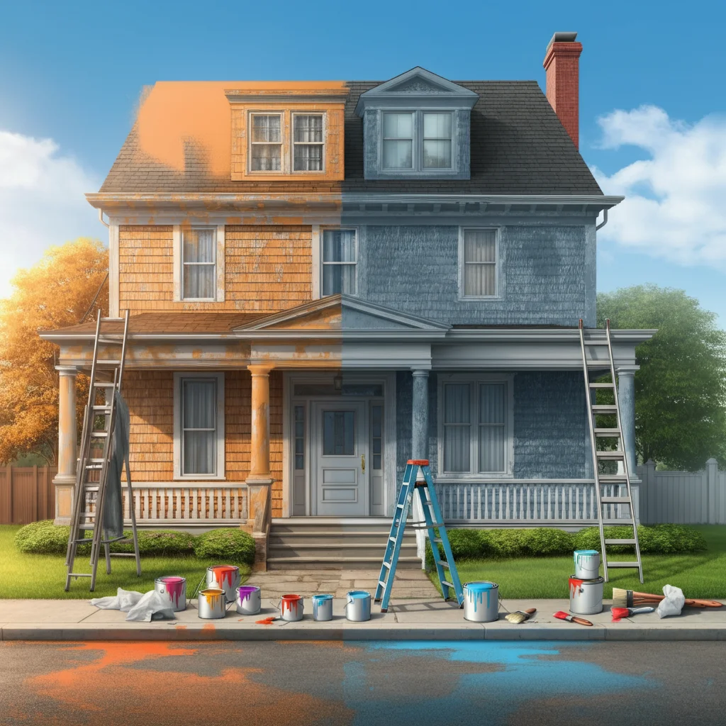 House exterior half-painted, showing painting tools and ladders in front