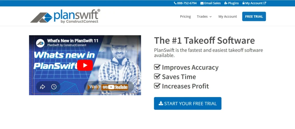 Planswift construction estimating software interface showing digital takeoff and material quantity measurement