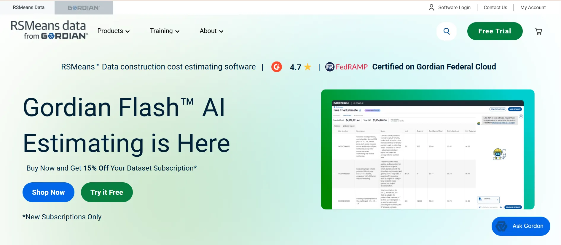RS Means construction cost database showing unit pricing for materials and labor by location