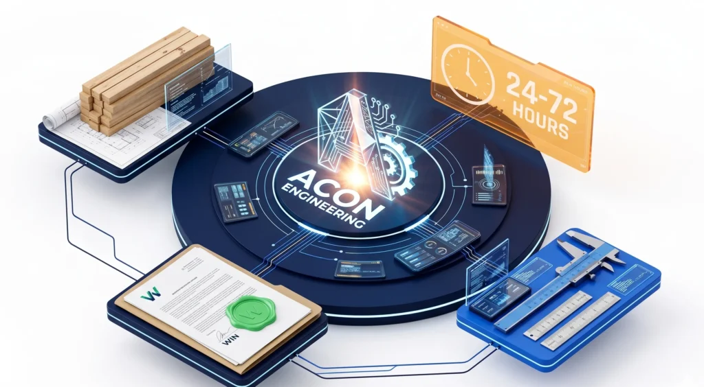 Construction estimating services by ACON Engineering showing digital takeoff tools cost estimation workflow and 24 to 72 hour turnaround