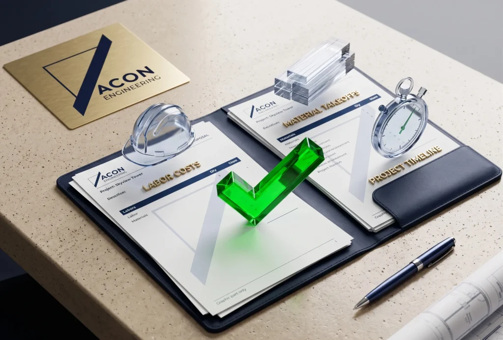 Construction bid submission showing material takeoffs labor costs project timeline and complete proposal checklist for accurate bidding