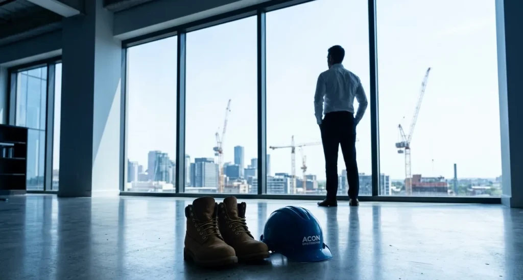 Construction business growth strategy showing blueprint planning and project development in modern office environment