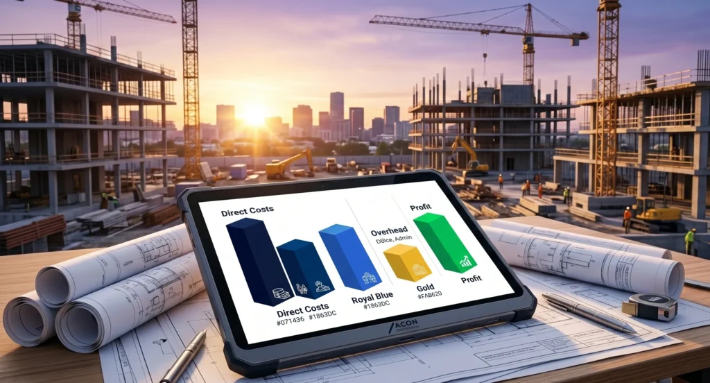 Construction cost estimation breakdown showing direct costs, overhead, and profit on a tablet at an active construction site
