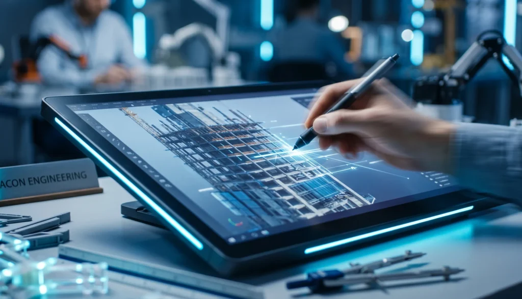 Construction estimating with fast 24 to 48 hour turnaround showing digital takeoff and precise building design on screen