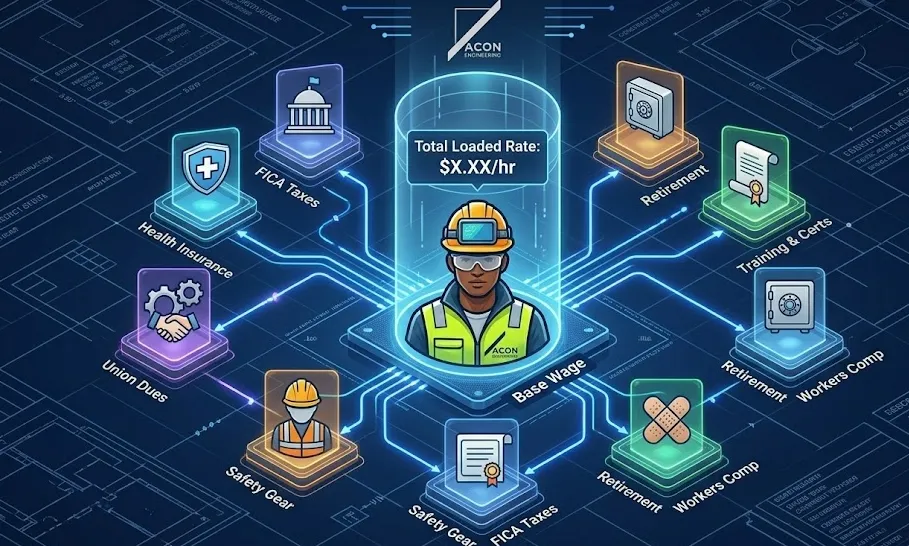Construction labor cost breakdown showing loaded rate including wages, taxes, insurance, and benefits