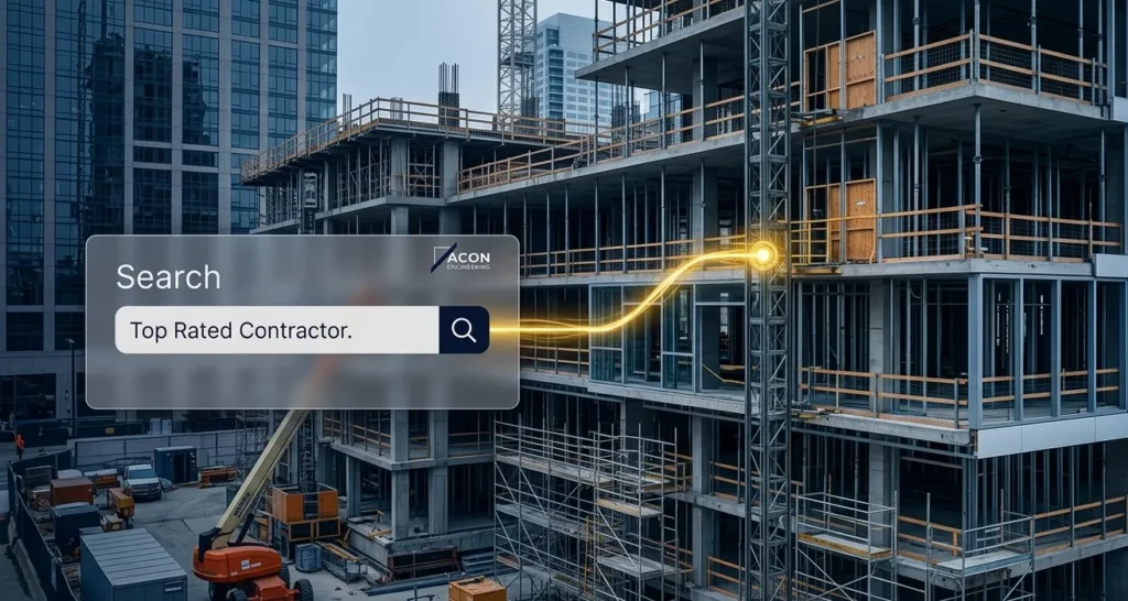 Construction lead generation for contractors showing online search for top rated contractor and project acquisition through digital channels