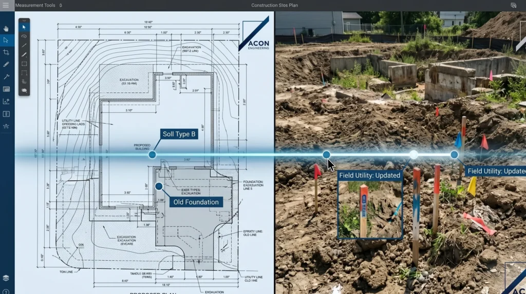 Construction site visit comparing plan drawings with real field conditions and verified utility locations