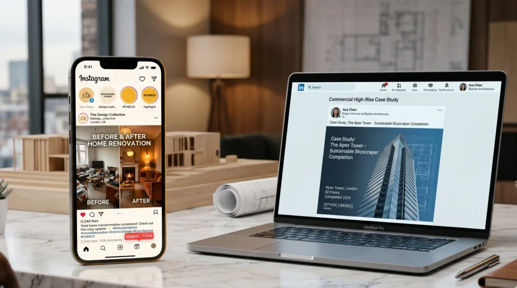 Construction social media marketing for lead generation showing Instagram renovation posts and LinkedIn commercial project case study for contractors