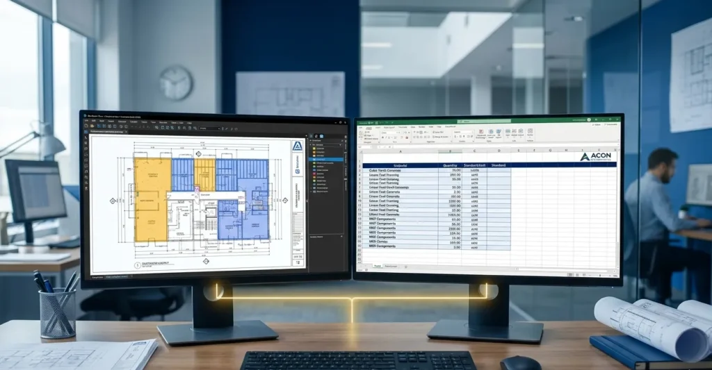 Construction takeoff process using digital estimating software showing plan measurements and quantity takeoff sheet for accurate cost estimation