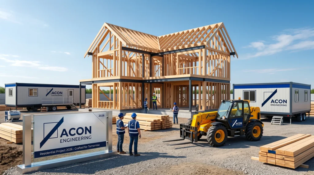 House under construction showing framing stage workers and materials for cost to build a house in 2026