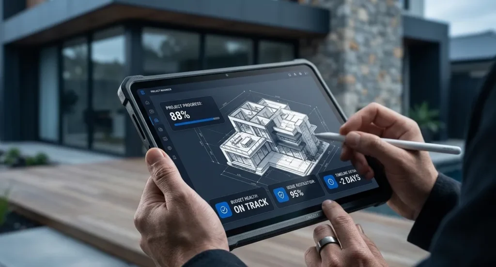 DIY vs builder house construction cost comparison showing project management planning budget tracking and construction progress on digital tablet