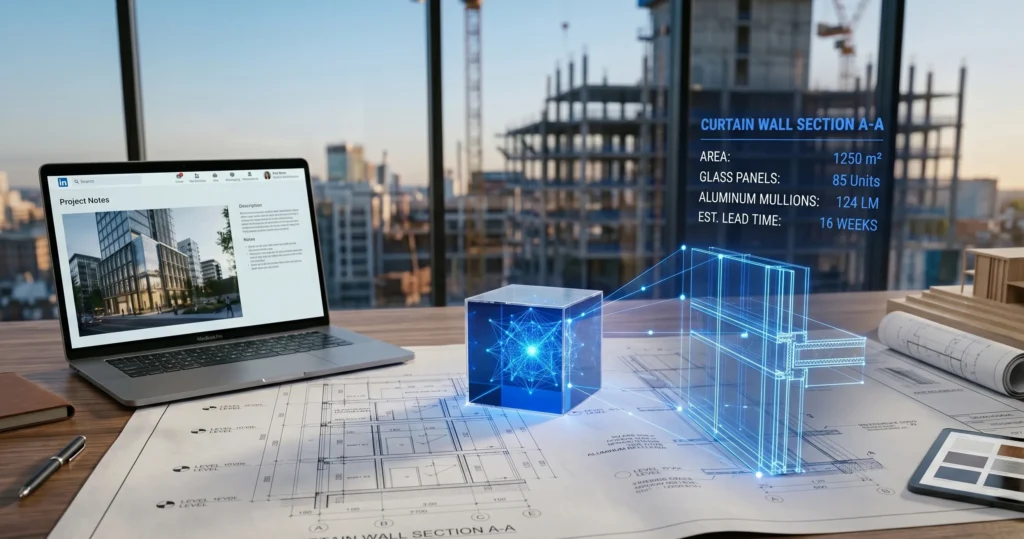 Estimating building materials using digital takeoff software showing construction drawings quantities and material calculations for accurate estimates