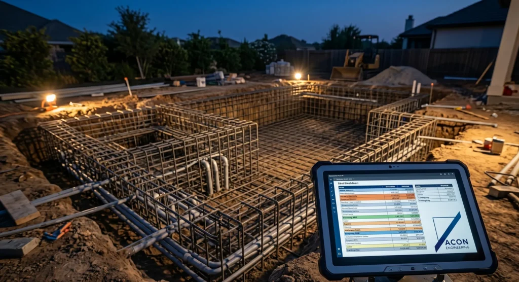 Inground pool construction with rebar, plumbing, and cost estimation tablet on site