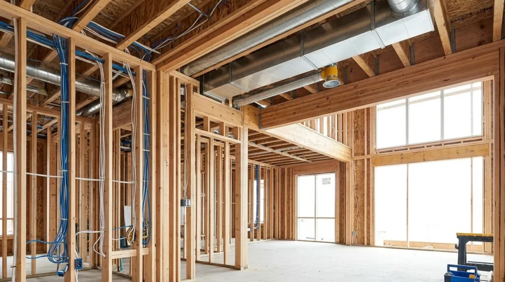 Major systems installation in house construction showing electrical wiring HVAC ducts and plumbing during rough in stage