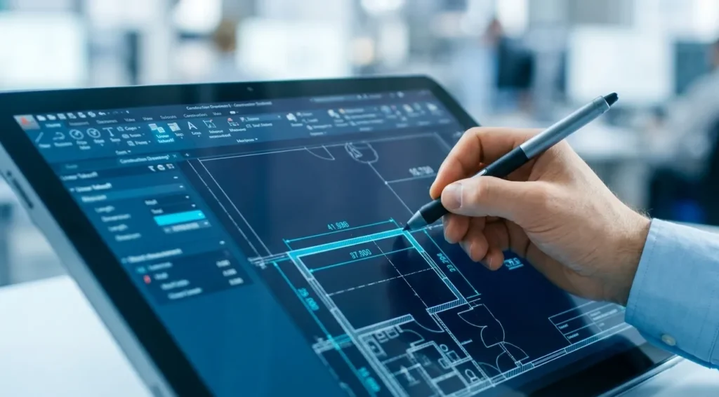 Digital construction takeoff on tablet showing precise measurements compared to manual takeoff methods for estimating building materials