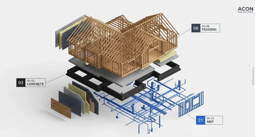Construction quantity takeoff by CSI trade divisions showing framing concrete and MEP systems measured separately for accurate cost estimation