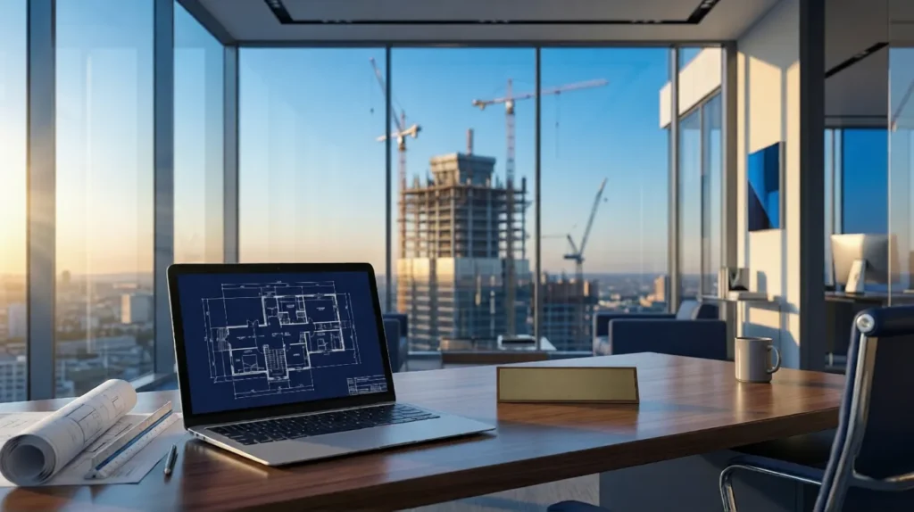 Outsourcing construction estimating services showing digital blueprints and construction project planning by professional estimators
