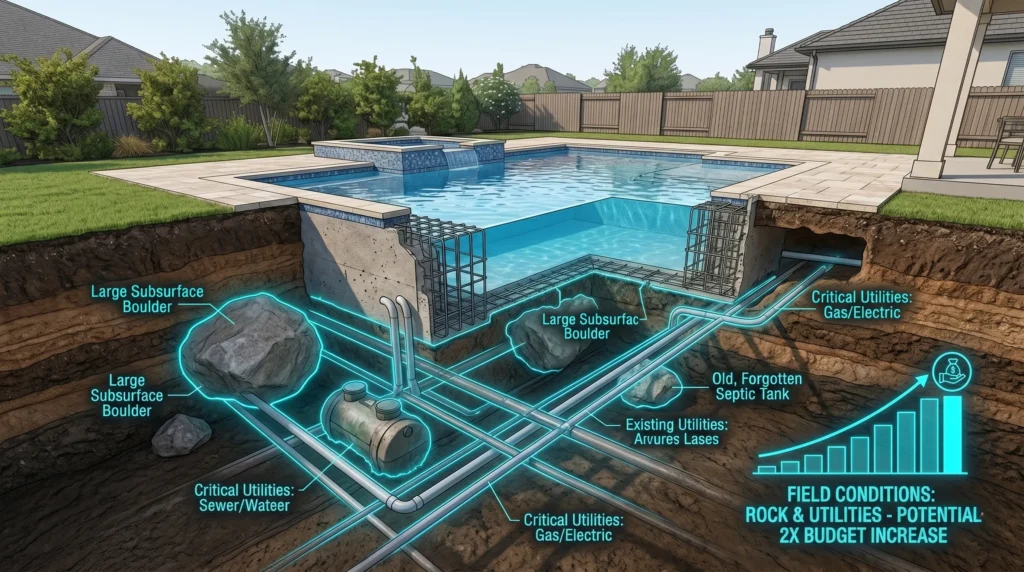 Pool excavation showing underground utilities, soil conditions, and site preparation factors