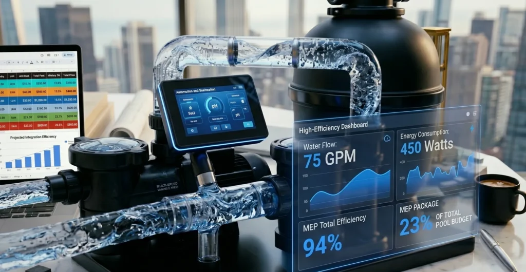 Pool safety system with filtration equipment, water flow monitoring, and efficiency dashboard