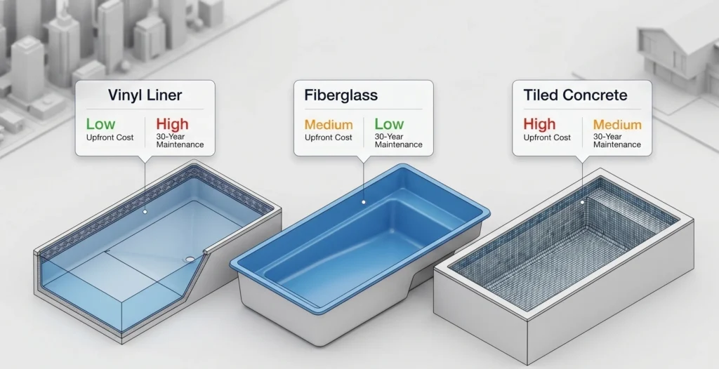 Comparison of pool types vinyl fiberglass and concrete with cost and maintenance differences
