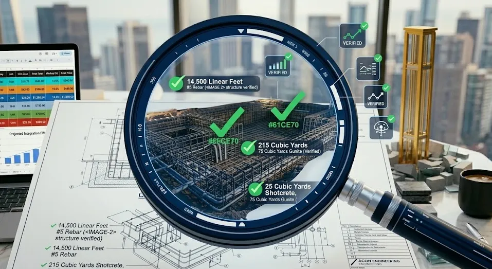 Construction cost estimation verification showing pool structure quantities and validated material takeoffs