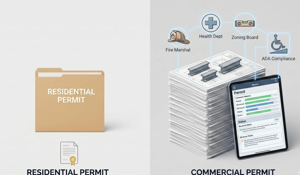 Residential permit file vs complex commercial permit approvals with multiple regulatory authorities and compliance checks