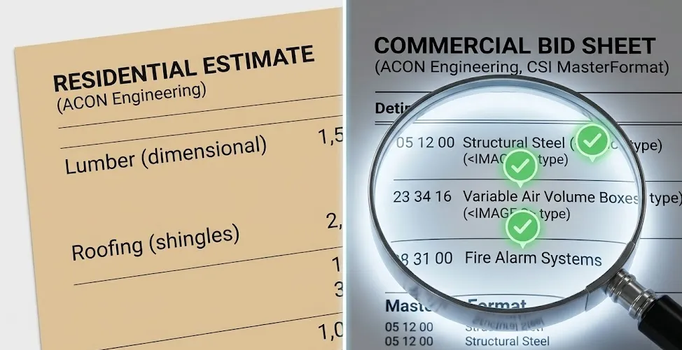 Residential estimate sheet vs detailed commercial bid sheet highlighting differences in construction cost estimation complexity