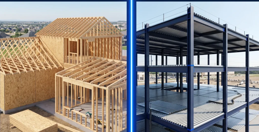 Wood framing for residential construction vs steel structure for commercial building