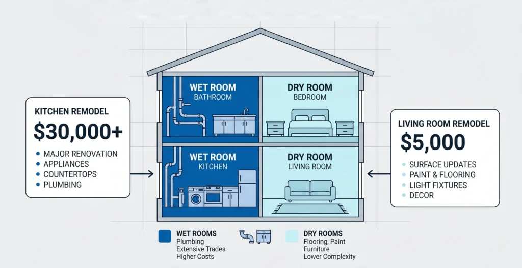 Room by room renovation cost estimation comparing wet rooms like kitchen and bathroom with dry rooms like bedroom and living room