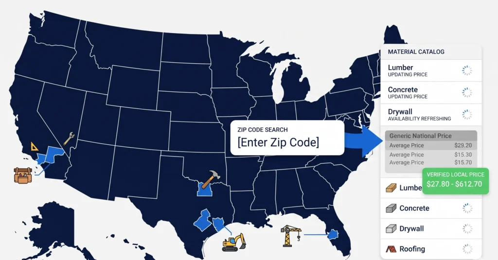 Zip code based renovation cost estimation showing local material pricing differences across regions with accurate cost calculation