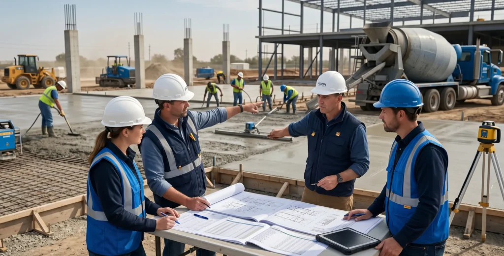 Construction engineers reviewing concrete slab cost estimates at a commercial building site