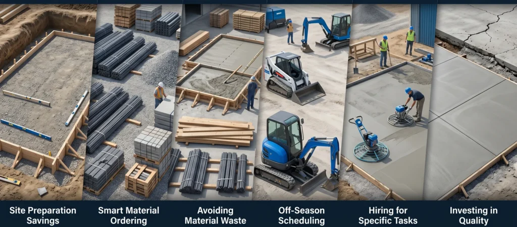 Infographic style visual showing smart ways to reduce concrete slab construction costs