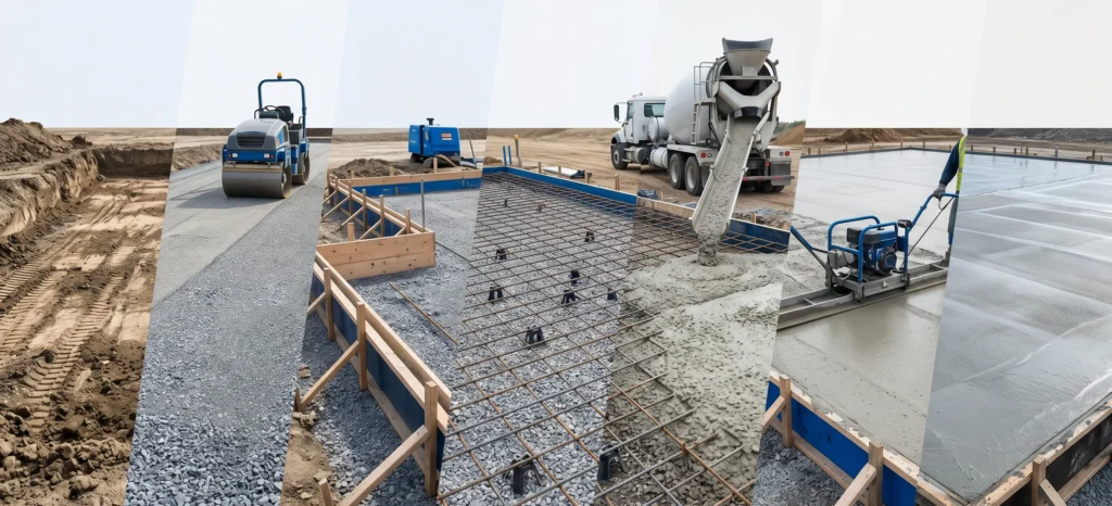 Step-by-step concrete slab installation process from excavation to finishing