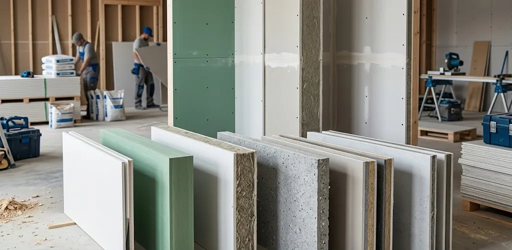 Different drywall board materials used in residential interior construction projects