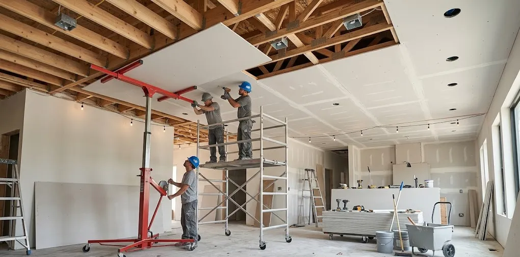 Drywall ceiling installation process inside a modern residential construction project
