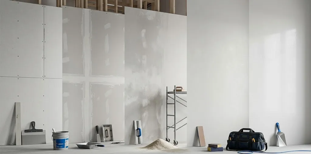 Different drywall finishing stages from basic installation to smooth premium wall finish