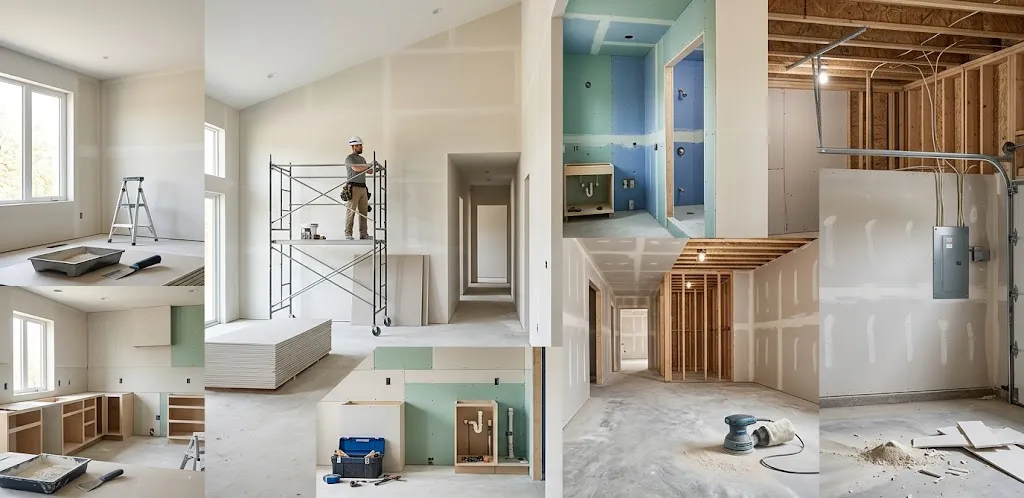Different residential rooms showing drywall installation stages and interior finishing quality