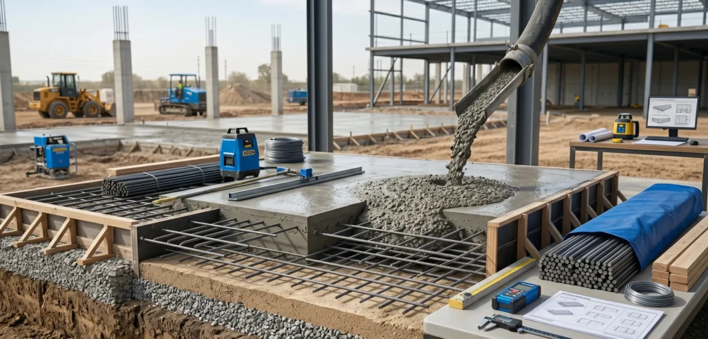 Concrete slab materials including rebar gravel and ready-mix concrete at a construction site