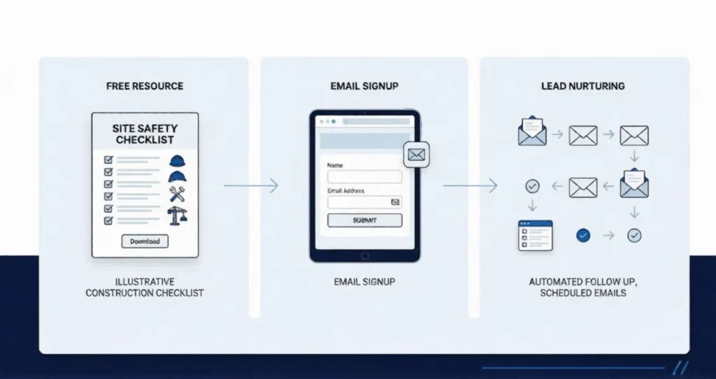 Minimal infographic showing lead magnet and email capture workflow for construction companies