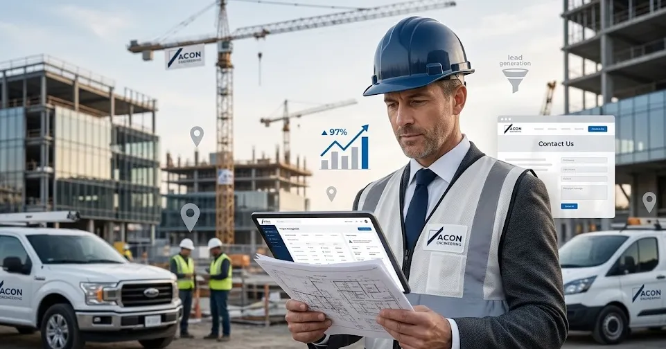 Construction business owner reviewing project plans at an active commercial job site with marketing and lead generation visuals