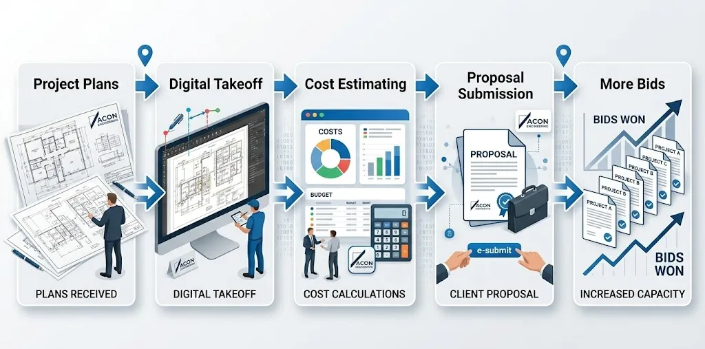 Minimal infographic showing outsourced construction estimating workflow for faster bid submissions