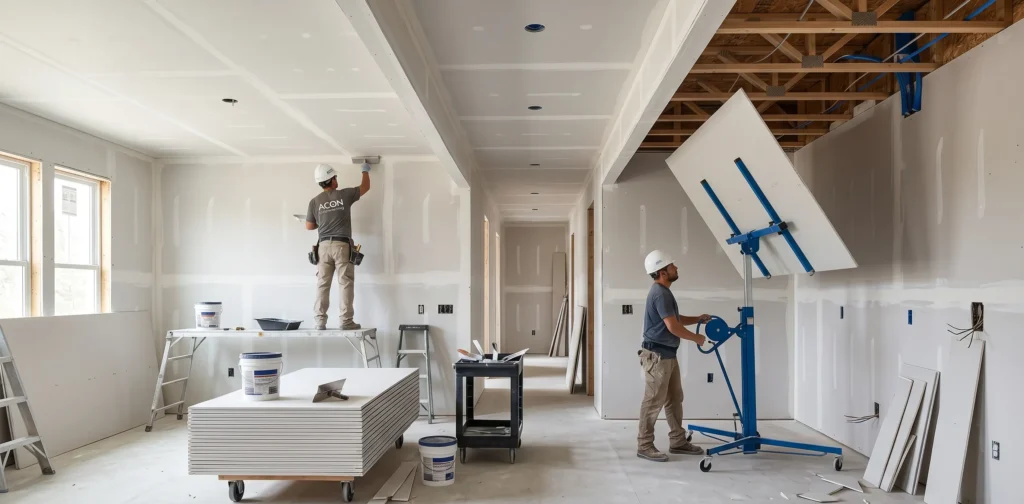 Drywall panels being installed inside a modern residential construction project