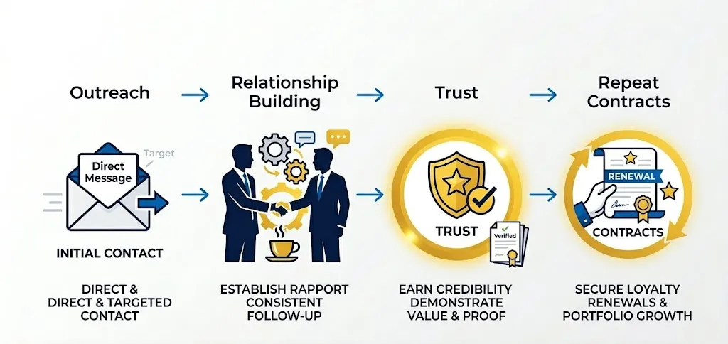 Executive infographic showing direct outreach strategy to property managers for construction contracts